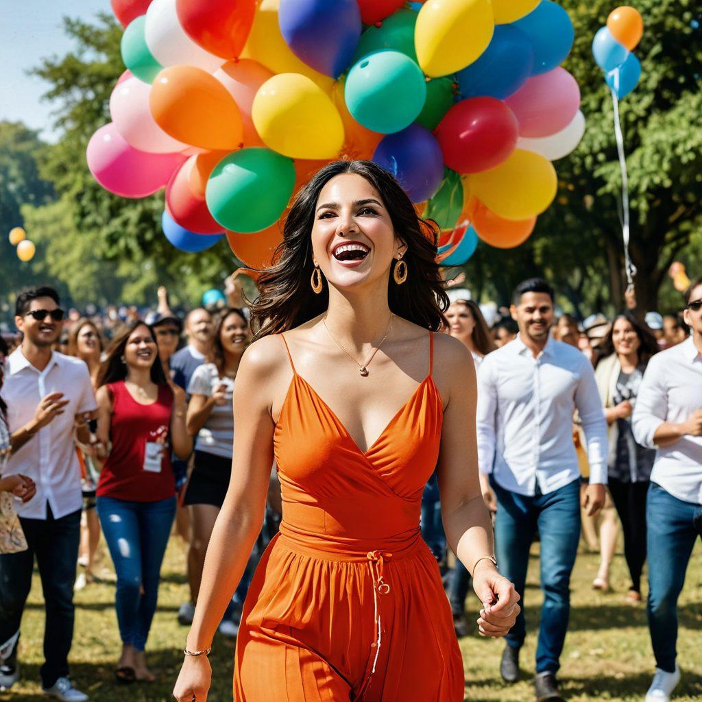 A vibrant portrayal of a diverse group of people celebrating in a sunny park, surrounded by colorful balloons and banners promoting sex-positivity. The scene captures joy and acceptance, with elements reflecting different cultures and identities. Sunny Leone is depicted as a central figure, radiating confidence and positivity, engaging with the community actively. Bright colors and playful styles enhance the celebratory atmosphere. super-realistic. vibrant colors. festival theme.